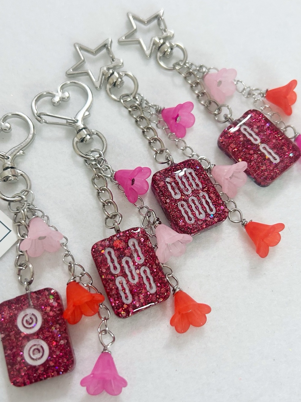 Pink Glitter Mahjong Tile Charm Keychain with Flower Dangles
